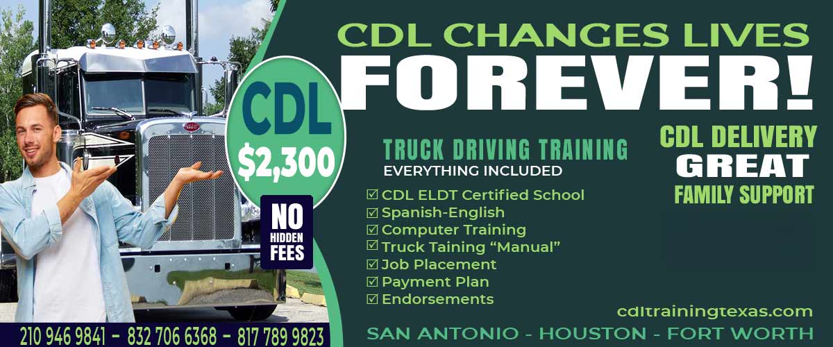 CDL Training Houston TX, the image shows a CDL student and truck, phones, services
