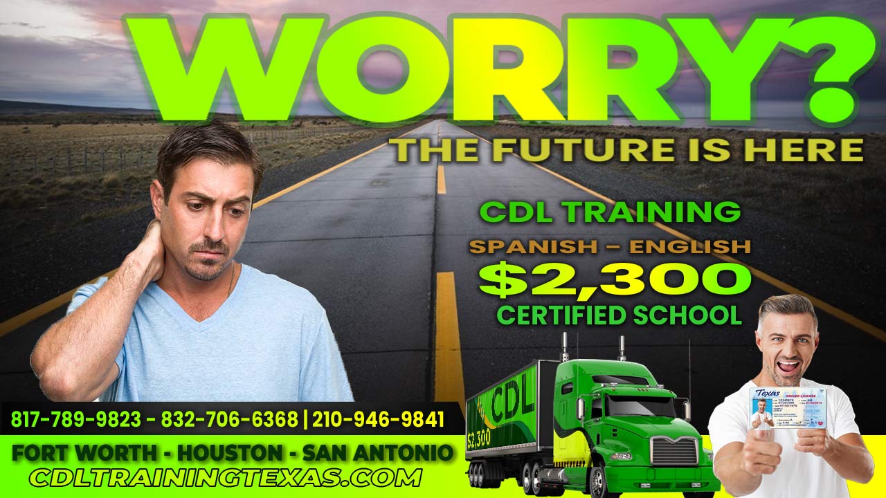 CDL school Houston Texas the image shows men worrying because don't have a job; the truck shows the way to get a job. Image includes phones