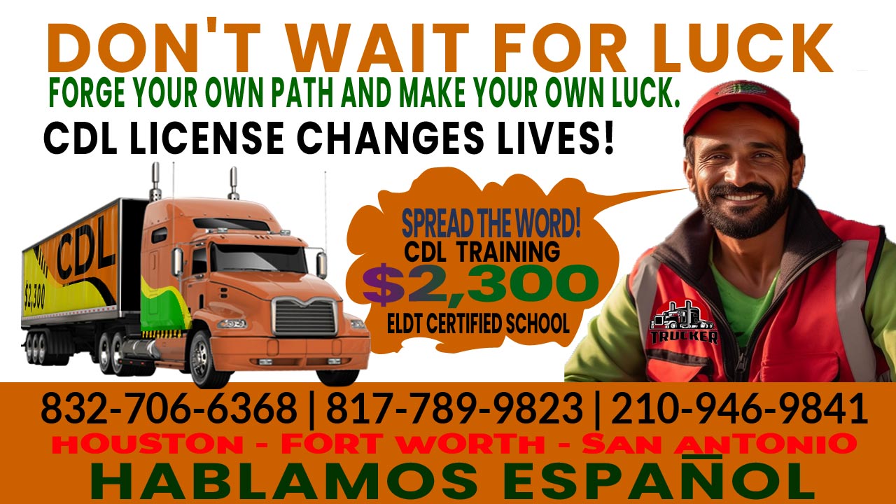 CDL school Austin TX, the image shows phones numbers, mission, services and sho the instructor