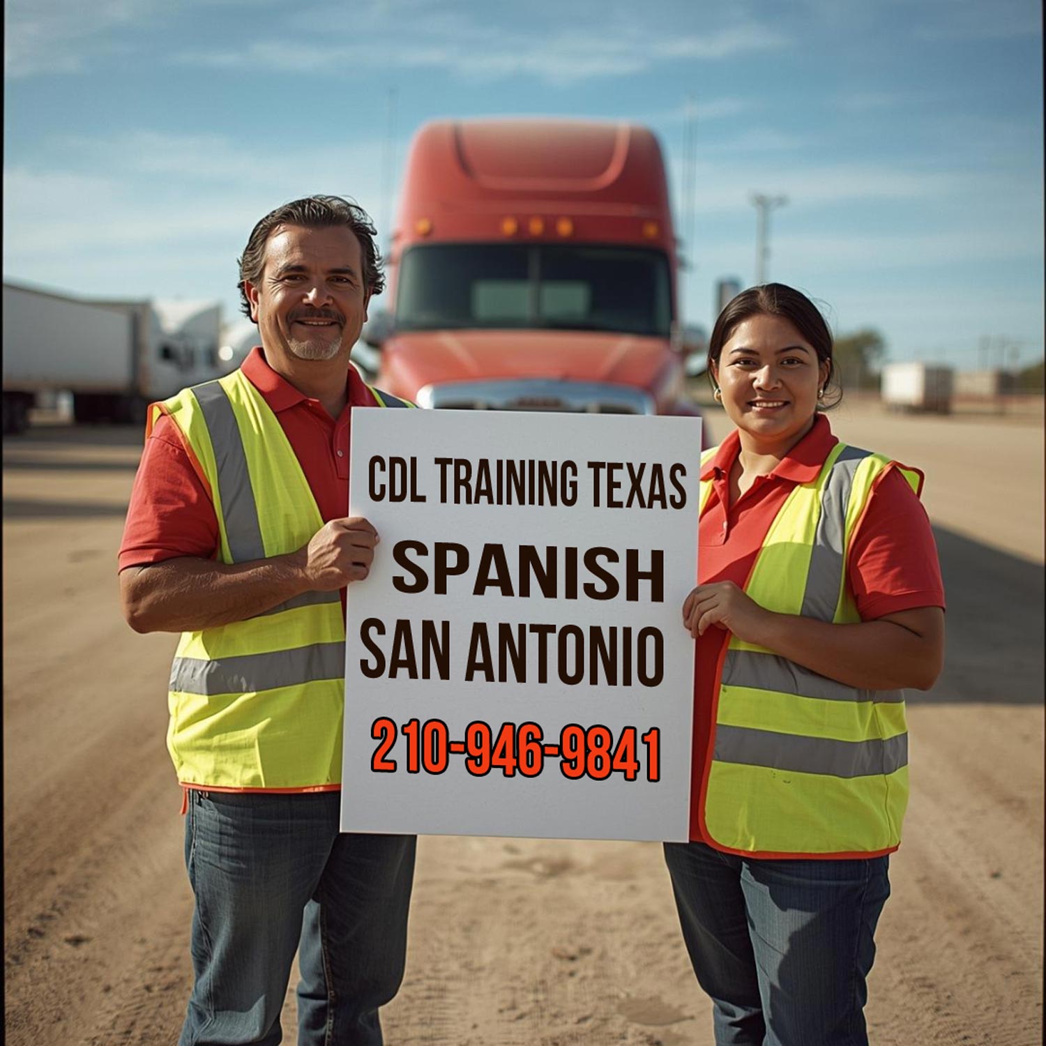 Bilingual CDL training in Texas Spanish with San Antonio office support for Houston students. Professional instructors holding a sign with phone 210-946-9841.