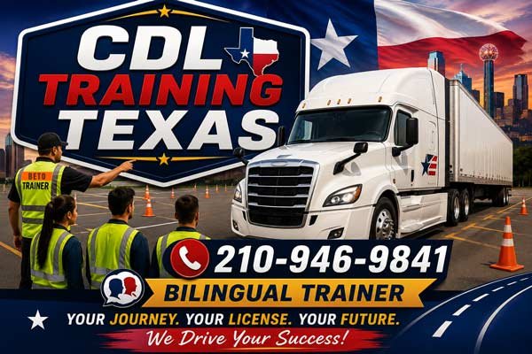CDL School Texas, $2,300 Payment Plan, Certified School, Weekends and Flexible Schedule, Spanish Logo